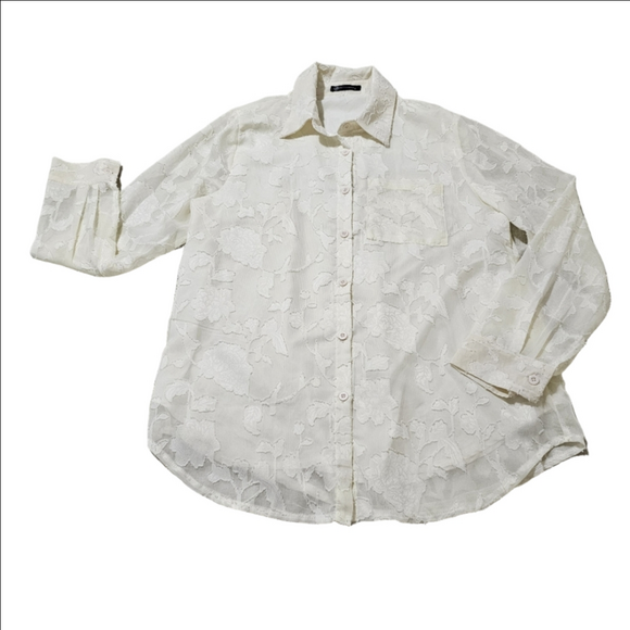 Pretty Garden Romantic Sheer Chiffon Textured Blouse Button Down Cream Small - Picture 2 of 16